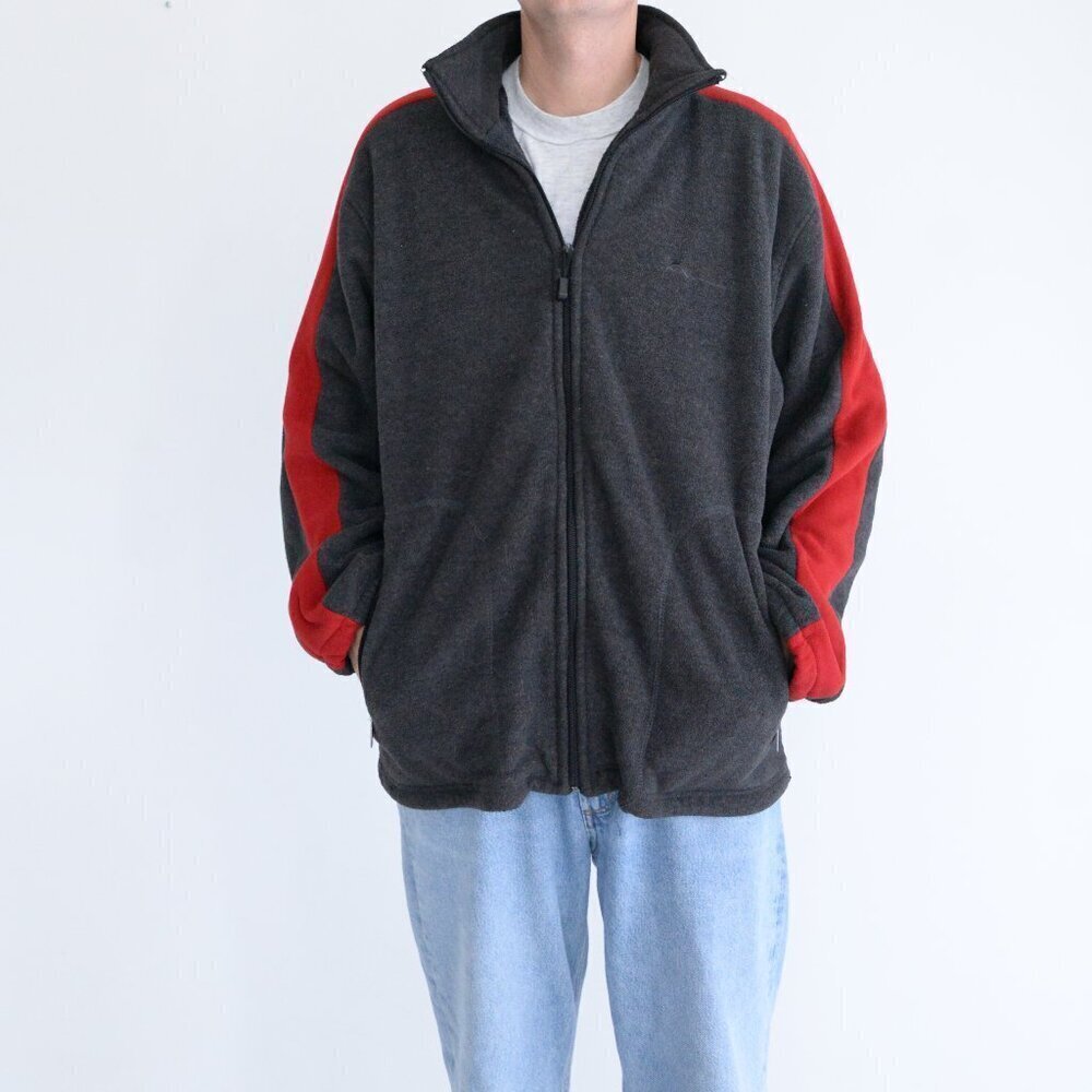Vintage Mountain Ridge Graphite Gray Red Fleece Zip Up Sweater Large